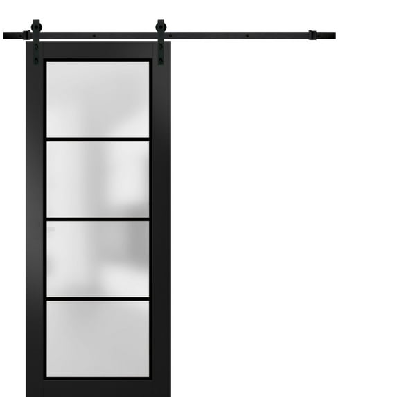 Sturdy Barn Door 24 x 96 inches | Planum 2132 Matte Black Frosted Glass | 6.6FT Rail Hangers Heavy Hardware Set | Solid Panel Interior Doors