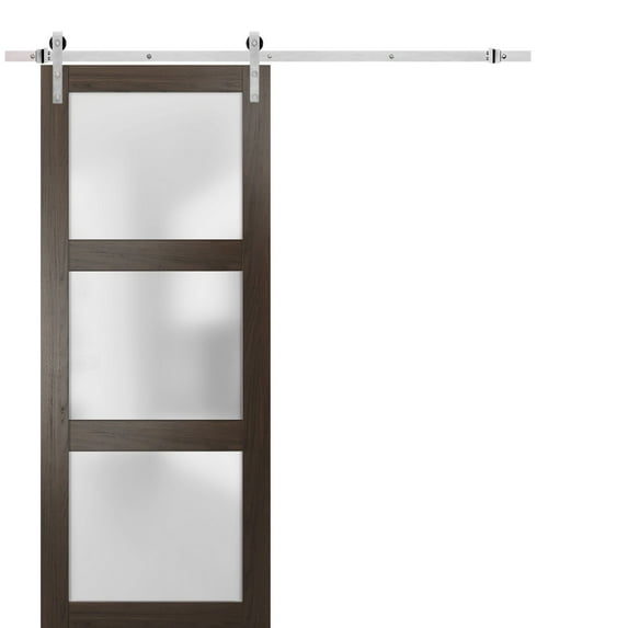 Sturdy Barn Door 28 x 80 inches Frosted Glass | Lucia 2552 Chocolate Ash | Top Mount Stainless Steel 6.6FT Rail Hangers Heavy Set | Solid Panel Interior Doors