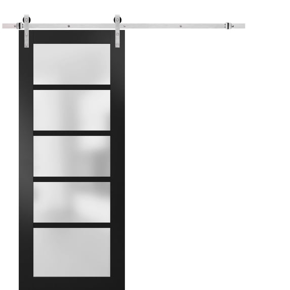 Sturdy Barn Door 28 x 80 inches Frosted Glass | Quadro 4002 Matte Black | Top Mount Stainless Steel 6.6FT Rail Hangers Heavy Set | Solid Panel Interior Doors