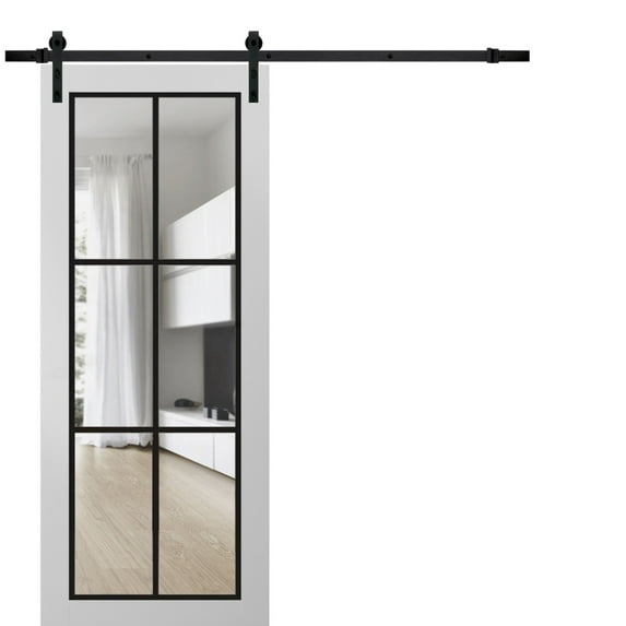 Sturdy Barn Door 28 x 80 inches | Lucia 2366 White Silk Clear Glass | 6.6FT Rail Hangers Heavy Hardware Set | Solid Panel Interior Doors