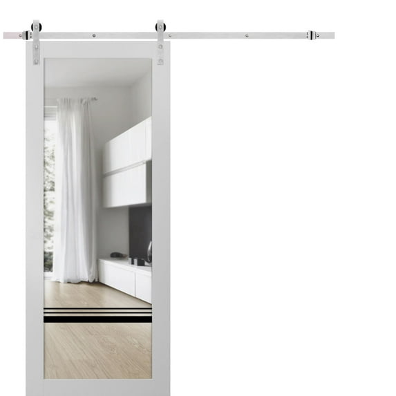Sturdy Barn Door 28 x 80 inches | Lucia 2666 White Silk Clear Glass | Stainless Steel 6.6FT Rail Hangers Heavy Set | Solid Panel Interior Doors