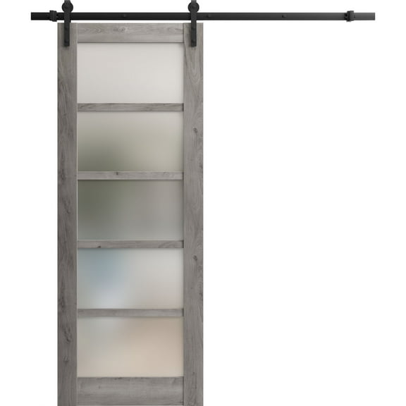 Sturdy Barn Door 28 x 80 inches | Quadro 4002 Nebraska Grey with Frosted Glass | 6.6FT Rail Hangers Heavy Hardware Set | Solid Panel Interior Doors