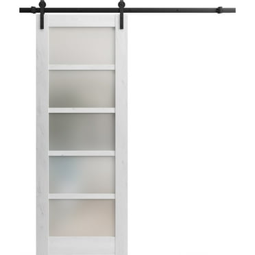 Sturdy Barn Door 28 x 80 inches | Quadro 4002 Nordic White with Frosted Glass | 6.6FT Rail Hangers Heavy Hardware Set | Solid Panel Interior Doors