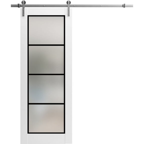 Sturdy Barn Door 28 x 84 inches | Planum 2132 White Silk Frosted Glass | Stainless Steel 6.6FT Rail Hangers Heavy Set | Solid Panel Interior Doors