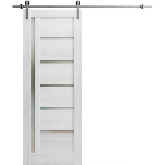Sturdy Barn Door 28 x 84 inches | Quadro 4088 Nordic White with Frosted Glass | Stainless Steel 6.6FT Rail Hangers Heavy Set | Solid Panel Interior Doors