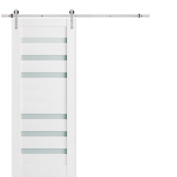 Sturdy Barn Door 28 x 96 inches Frosted Glass | Quadro 4266 White Silk | Top Mount Stainless Steel 6.6FT Rail Hangers Heavy Set | Solid Panel Interior Doors