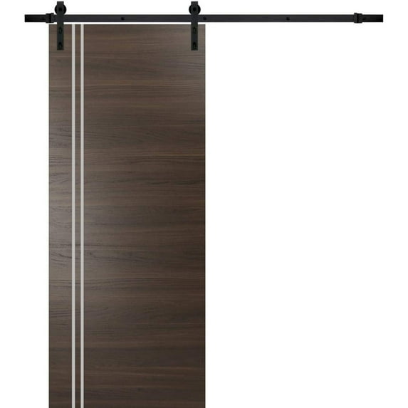 Sturdy Barn Door 28 x 96 inches | Planum 0310 Chocolate Ash with Frosted Glass | 6.6FT Rail Hangers Heavy Hardware Set | Solid Panel Interior Doors