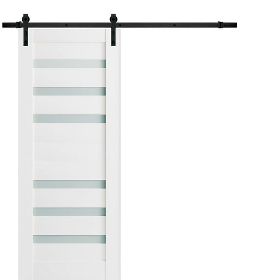 Sturdy Barn Door 30 x 80 inches Frosted Glass | Quadro 4266 White Silk | Top Mount 6.6FT Rail Hangers Heavy Hardware Set | Solid Panel Interior Doors