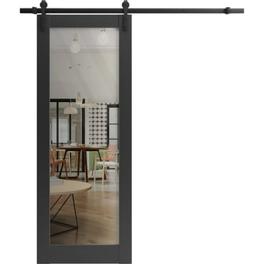 Sturdy Barn Door 30 x 80 inches | Lucia 2166 Matte Black Clear Glass | 6.6FT Rail Hangers Heavy Hardware Set | Solid Panel Interior Doors