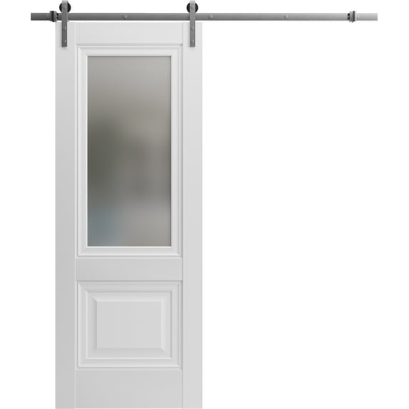 Sturdy Barn Door 30 x 80 inches | Lucia 8822 White Silk with Frosted Glass | Stainless Steel 6.6FT Rail Hangers Heavy Set | Solid Panel Interior Doors