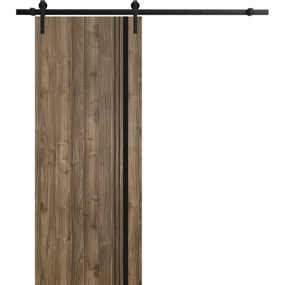 Sturdy Barn Door 30 x 80 inches | Planum 0011 Walnut with Frosted Glass | 6.6FT Rail Hangers Heavy Hardware Set | Solid Panel Interior Doors