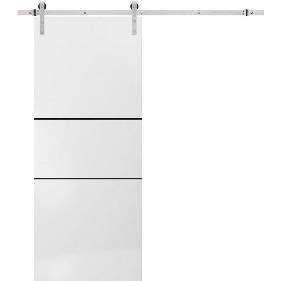 Sturdy Barn Door 30 x 80 inches | Planum 0014 White Silk with Frosted Glass | Stainless Steel 6.6FT Rail Hangers Heavy Set | Solid Panel Interior Doors