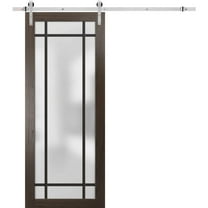 Sturdy Barn Door 30 x 80 inches | Planum 2112 Chocolate Ash Frosted Glass | Stainless Steel 6.6FT Rail Hangers Heavy Set | Solid Panel Interior Doors