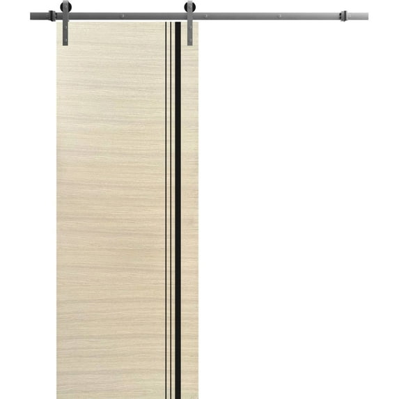 Sturdy Barn Door 30 x 84 inches | Planum 0011 Natural Veneer with Frosted Glass | Stainless Steel 6.6FT Rail Hangers Heavy Set | Solid Panel Interior Doors