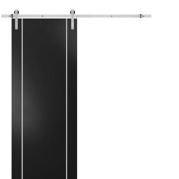Sturdy Barn Door 30 x 84 inches | Planum 0410 Matte Black with Frosted Glass | Stainless Steel 6.6FT Rail Hangers Heavy Set | Solid Panel Interior Doors