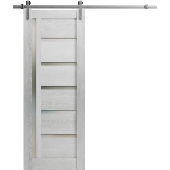Sturdy Barn Door 30 x 84 inches | Quadro 4088 Light Grey Oak with Frosted Glass | Stainless Steel 6.6FT Rail Hangers Heavy Set | Solid Panel Interior Doors