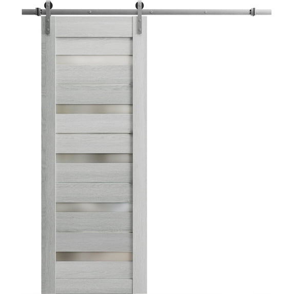 Sturdy Barn Door 30 x 84 inches | Quadro 4445 Light Grey Oak with Frosted Glass | Stainless Steel 6.6FT Rail Hangers Heavy Set | Solid Panel Interior Doors