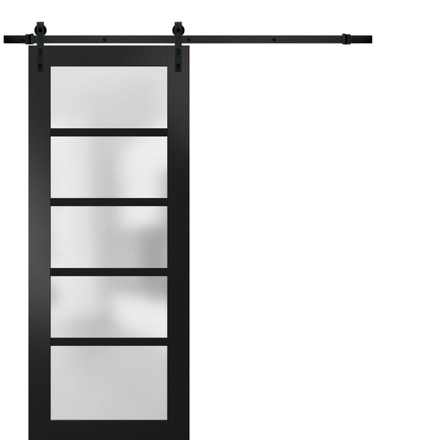 Sturdy Barn Door 30 x 96 inches Frosted Glass | Quadro 4002 Matte Black | Top Mount 6.6FT Rail Hangers Heavy Hardware Set | Solid Panel Interior Doors