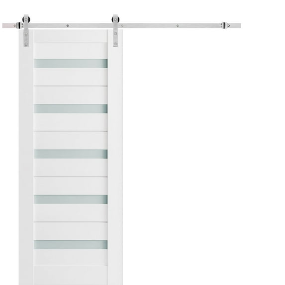Sturdy Barn Door 30 x 96 inches Frosted Glass | Quadro 4445 White Silk | Top Mount Stainless Steel 6.6FT Rail Hangers Heavy Set | Solid Panel Interior Doors