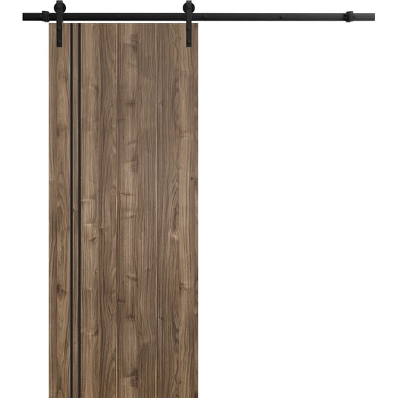 Sturdy Barn Door 30 x 96 inches | Planum 0016 Walnut with Frosted Glass | 6.6FT Rail Hangers Heavy Hardware Set | Solid Panel Interior Doors