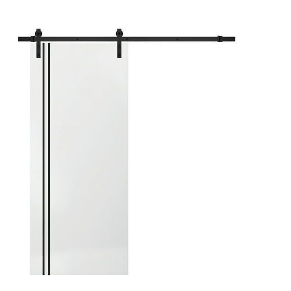 Sturdy Barn Door 30 x 96 inches | Planum 0016 White Silk with Frosted Glass | 6.6FT Rail Hangers Heavy Hardware Set | Solid Panel Interior Doors
