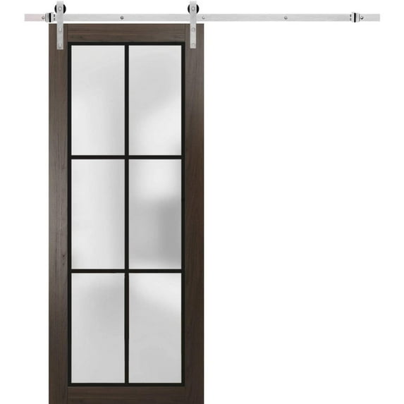 Sturdy Barn Door 30 x 96 inches | Planum 2122 Chocolate Ash Frosted Glass | Stainless Steel 6.6FT Rail Hangers Heavy Set | Solid Panel Interior Doors