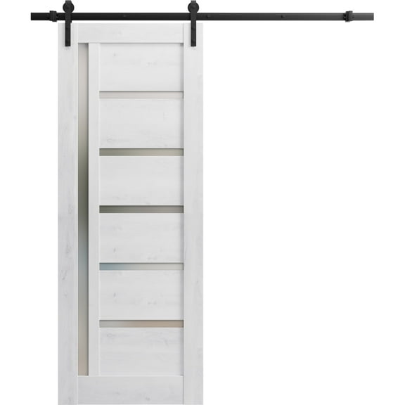 Sturdy Barn Door 30 x 96 inches | Quadro 4088 Nordic White with Frosted Glass | 6.6FT Rail Hangers Heavy Hardware Set | Solid Panel Interior Doors