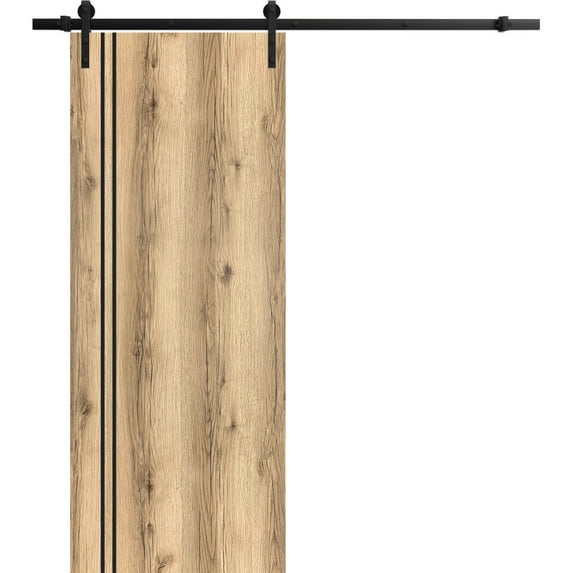 Sturdy Barn Door 32 x 80 inches | Planum 0016 Oak with Frosted Glass | 6.6FT Rail Hangers Heavy Hardware Set | Solid Panel Interior Doors