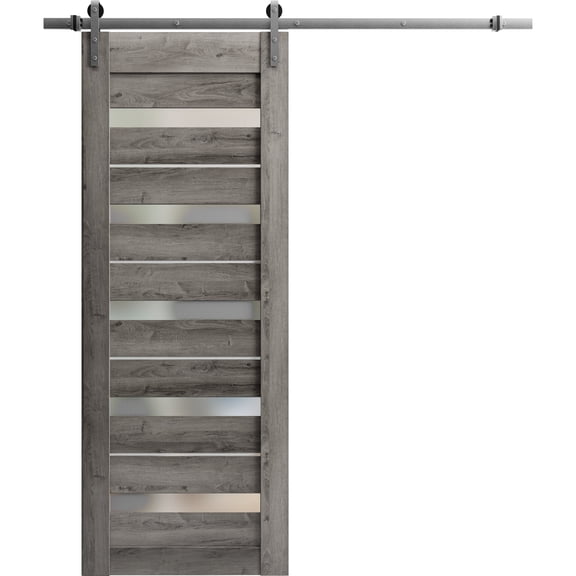 Sturdy Barn Door 32 x 80 inches | Quadro 4445 Nebraska Grey with Frosted Glass | Stainless Steel 6.6FT Rail Hangers Heavy Set | Solid Panel Interior Doors