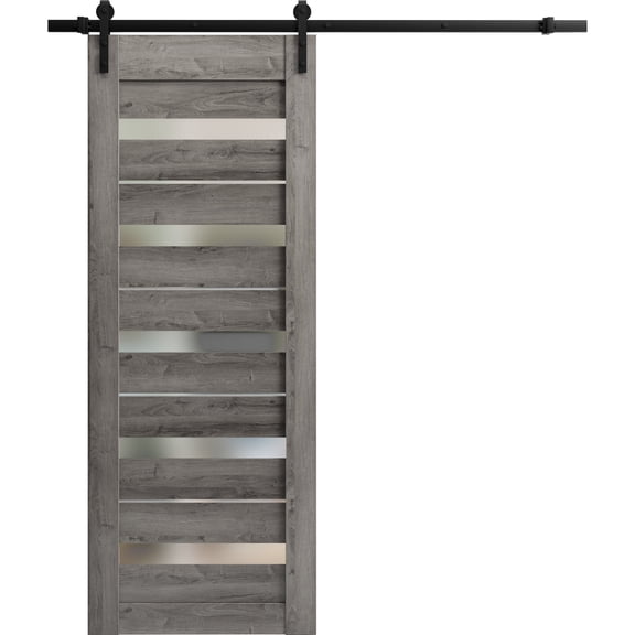 Sturdy Barn Door 32 x 80 inches | Quadro 4445 Nebraska Grey with Frosted Glass | 6.6FT Rail Hangers Heavy Hardware Set | Solid Panel Interior Doors