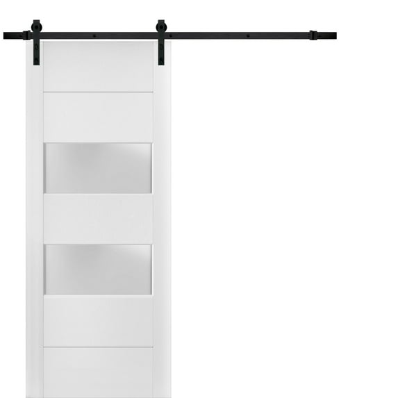 Sturdy Barn Door 32 x 84 inches Frosted Glass 2 lites | Lucia 4010 White Silk | 6.6FT Rail Hangers Heavy Hardware Set | Solid Panel Interior Doors