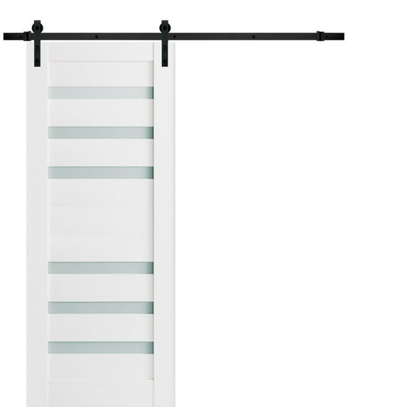 Sturdy Barn Door 32 x 84 inches Frosted Glass | Quadro 4266 White Silk | Top Mount 6.6FT Rail Hangers Heavy Hardware Set | Solid Panel Interior Doors