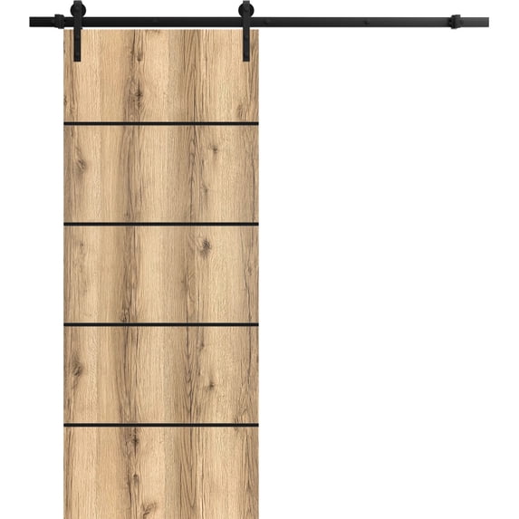 Sturdy Barn Door 32 x 84 inches | Planum 0015 Oak with Frosted Glass | 6.6FT Rail Hangers Heavy Hardware Set | Solid Panel Interior Doors