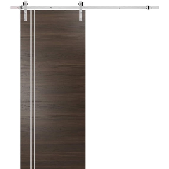 Sturdy Barn Door 32 x 84 inches | Planum 0310 Chocolate Ash with Frosted Glass | Stainless Steel 6.6FT Rail Hangers Heavy Set | Solid Panel Interior Doors