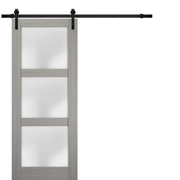 Sturdy Barn Door 32 x 96 inches Frosted Glass | Lucia 2552 Grey Ash | Top Mount 6.6FT Rail Hangers Heavy Hardware Set | Solid Panel Interior Doors