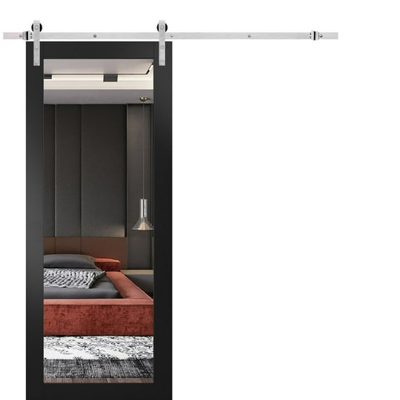 Sturdy Barn Door 32 x 96 inches | Lucia 1299 Matte Black with Mirror | Stainless Steel 6.6FT Rail Hangers Heavy Set | Solid Panel Interior Doors