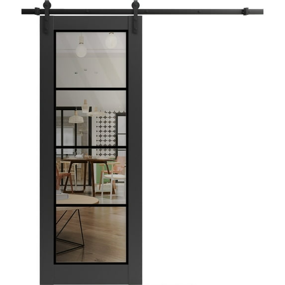 Sturdy Barn Door 36 x 80 inches | Lucia 2466 Matte Black Clear Glass | 6.6FT Rail Hangers Heavy Hardware Set | Solid Panel Interior Doors