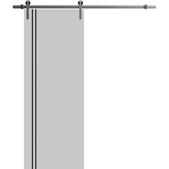 Sturdy Barn Door 36 x 80 inches | Planum 0016 Grey Matte with Frosted Glass | Stainless Steel 6.6FT Rail Hangers Heavy Set | Solid Panel Interior Doors