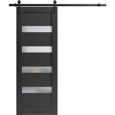 Sturdy Barn Door 36 x 80 inches | Quadro 4113 Matte Black Frosted Glass | 6.6FT Rail Hangers Heavy Hardware Set | Solid Panel Interior Doors