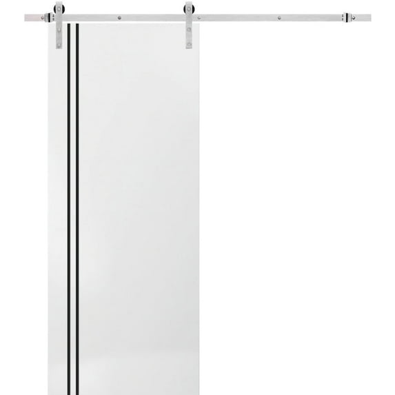 Sturdy Barn Door 36 x 84 inches | Planum 0016 White Silk with Frosted Glass | Stainless Steel 6.6FT Rail Hangers Heavy Set | Solid Panel Interior Doors