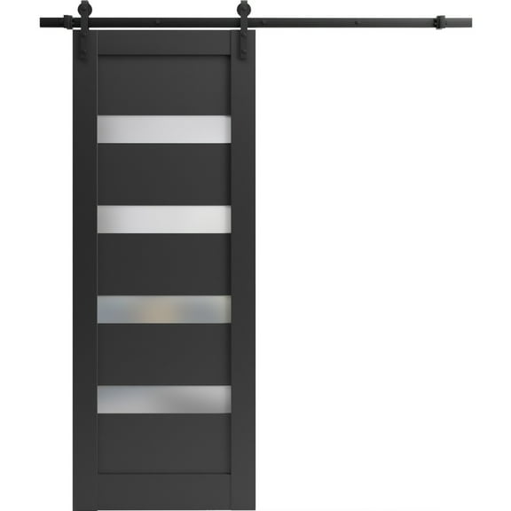 Sturdy Barn Door 36 x 84 inches | Quadro 4113 Matte Black Frosted Glass | 6.6FT Rail Hangers Heavy Hardware Set | Solid Panel Interior Doors