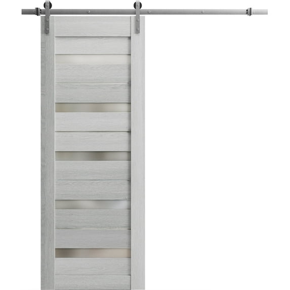 Sturdy Barn Door 36 x 84 inches | Quadro 4445 Light Grey Oak with Frosted Glass | Stainless Steel 6.6FT Rail Hangers Heavy Set | Solid Panel Interior Doors