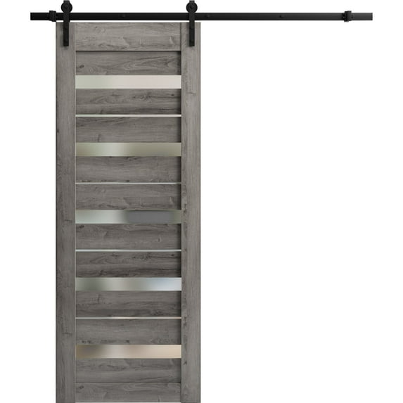 Sturdy Barn Door 36 x 84 inches | Quadro 4445 Nebraska Grey with Frosted Glass | 6.6FT Rail Hangers Heavy Hardware Set | Solid Panel Interior Doors