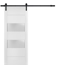 Sturdy Barn Door 36 x 96 inches Frosted Glass 2 lites | Lucia 4010 White Silk | 6.6FT Rail Hangers Heavy Hardware Set | Solid Panel Interior Doors