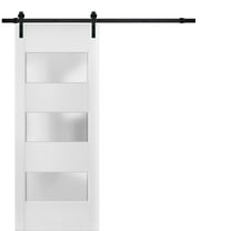 Sturdy Barn Door 36 x 96 inches Frosted Glass 3 Lites | Lucia 4070 White Silk | 6.6FT Rail Hangers Heavy Hardware Set | Solid Panel Interior Doors