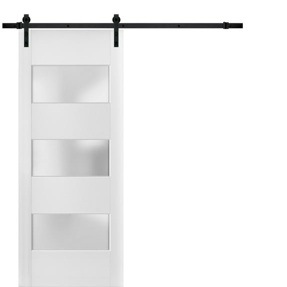 Sturdy Barn Door 36 x 96 inches Frosted Glass 3 Lites | Lucia 4070 White Silk | 6.6FT Rail Hangers Heavy Hardware Set | Solid Panel Interior Doors