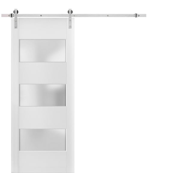 Sturdy Barn Door 36 x 96 inches Frosted Glass 3 Lites | Lucia 4070 White Silk | Stainless Steel 6.6FT Rail Hangers Heavy Set | Solid Panel Interior Doors