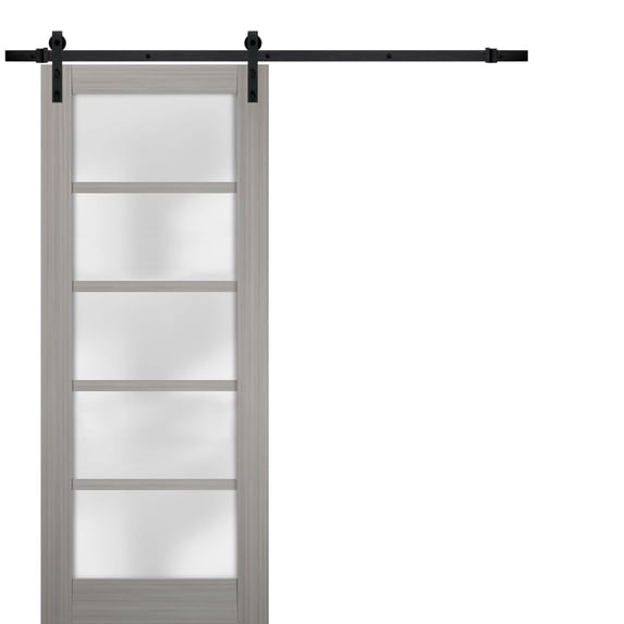 Sturdy Barn Door 36 x 96 inches Frosted Glass | Quadro 4002 Grey Ash | Top Mount 6.6FT Rail Hangers Heavy Hardware Set | Solid Panel Interior Doors