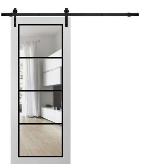 Sturdy Barn Door 36 x 96 inches | Lucia 2466 White Silk Clear Glass | 6.6FT Rail Hangers Heavy Hardware Set | Solid Panel Interior Doors