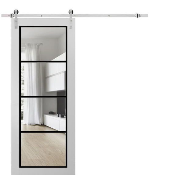 Sturdy Barn Door 36 x 96 inches | Lucia 2466 White Silk Clear Glass | Stainless Steel 6.6FT Rail Hangers Heavy Set | Solid Panel Interior Doors